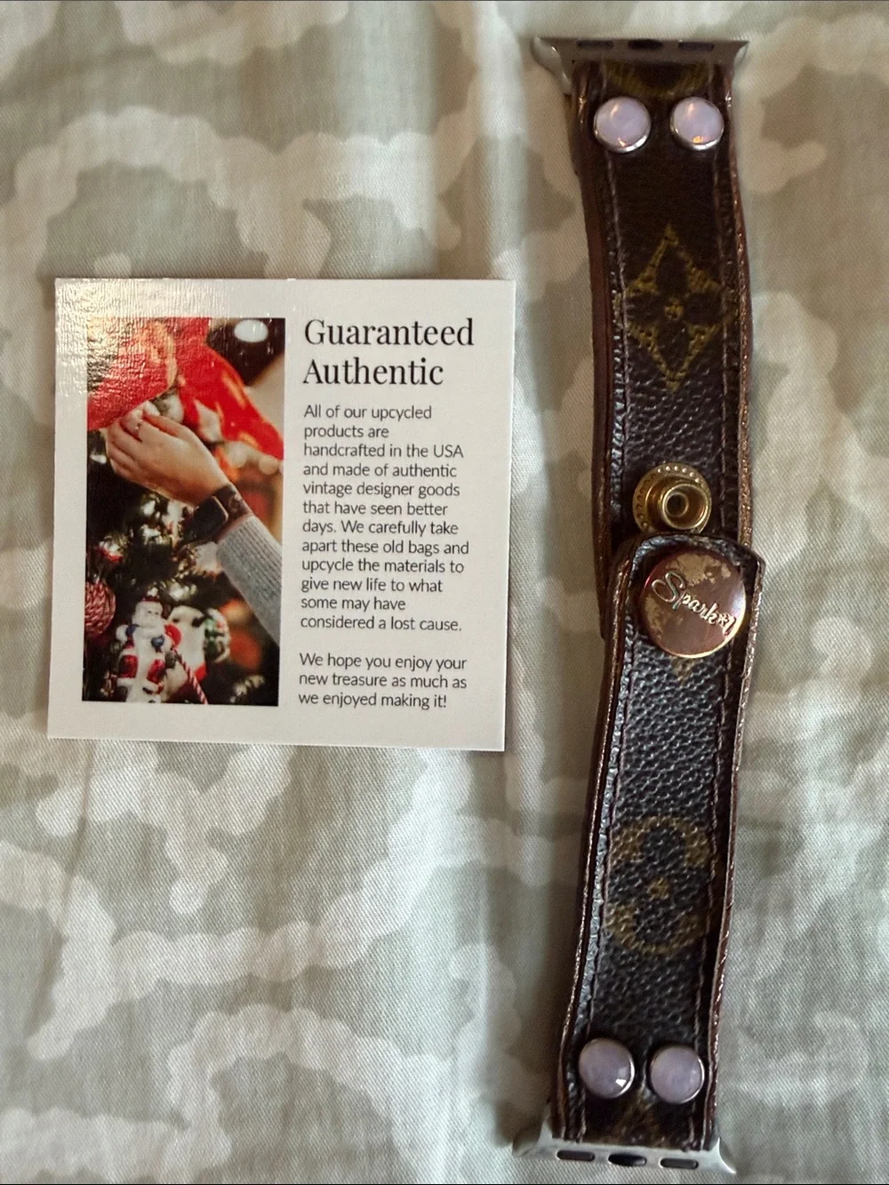 Upcycled Louis Vuitton Monogram Leather AppWatch Band in Brown with Gold Accents